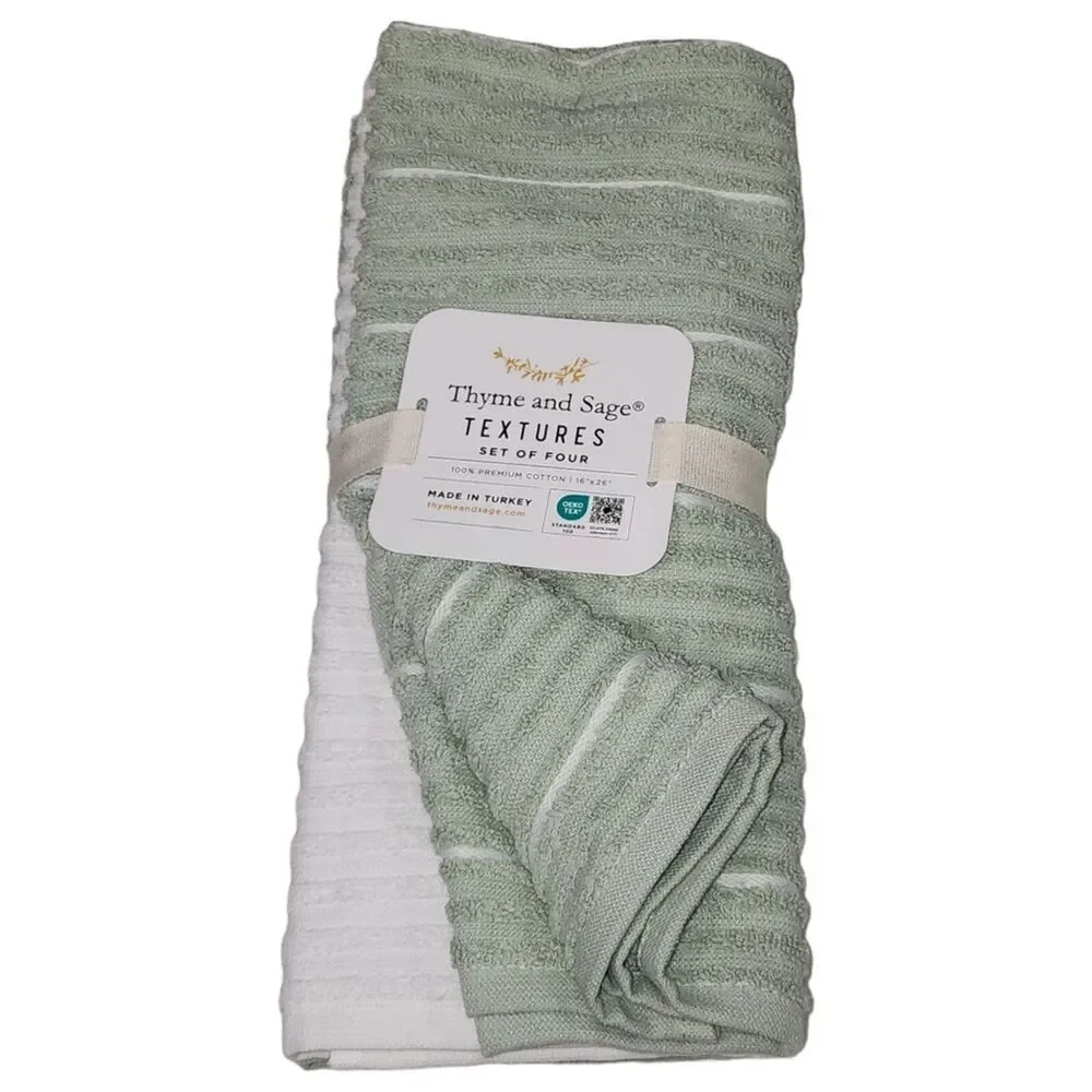 Thyme and Sage Kitchen Towel Set of 4pcs‎ Green and White Striped Turkish Cotton